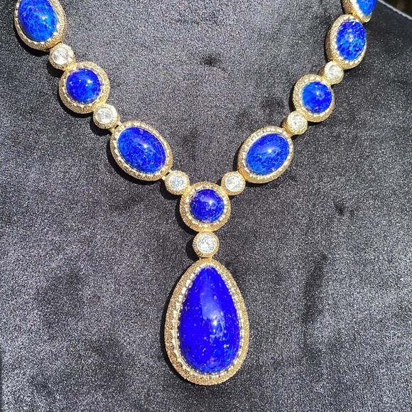 Christian Dior Lapis Lazuli Glass Cabochon Necklace and set  Earrings 80’s RARE - Picture 9 of 13